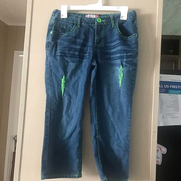 So Girls Blue Jean Capris with Green Trim Size 16 - Picture 2 of 9